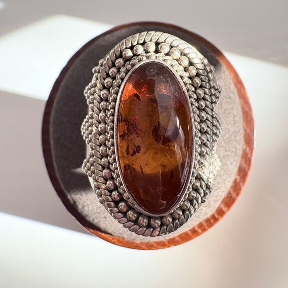 VTG Sterling SIlver 925 Large Oval Amber Rope Border Statement Ring Size 9.75 - Picture 4 of 10